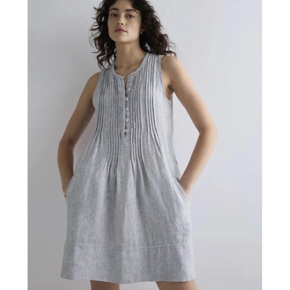 Quince 100% European Linen Sleeveless Swing Dress Blue Pinstripe Women's Size X2 - Picture 1 of 13